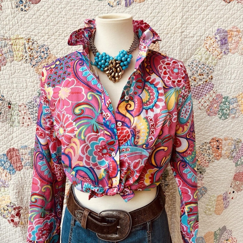 Upcycled Reworked Talbots Mod Hot Pink Floral Long Sleeved Ruffle Collar Shirt M